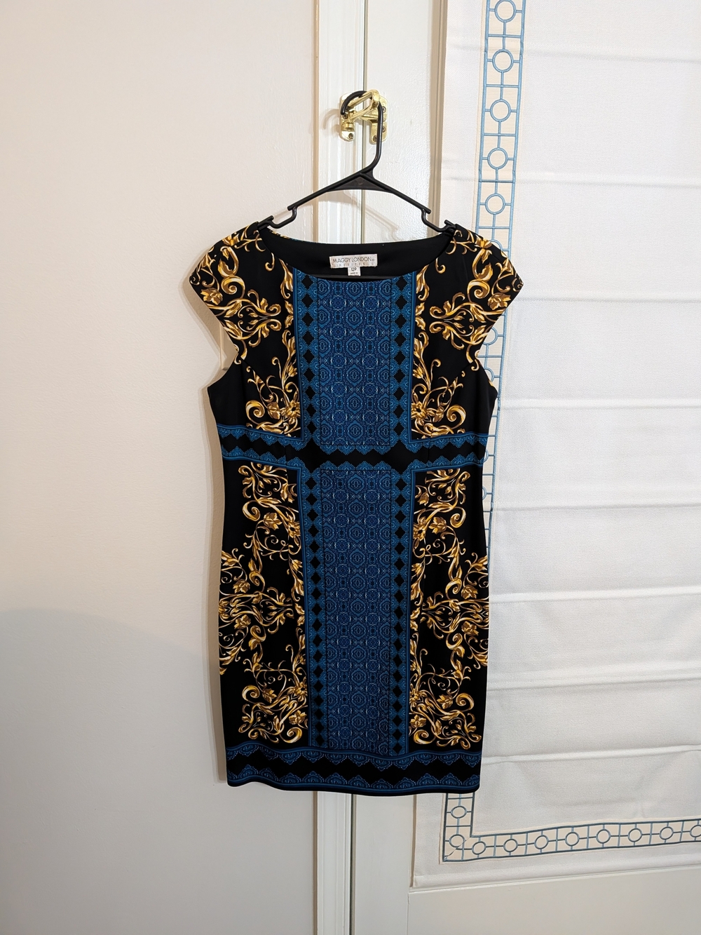 Maggy London Black, Blue & Gold Baroque Sheath Dress